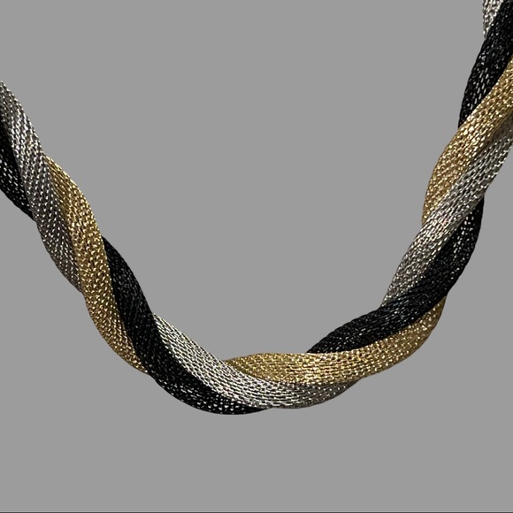 Vintage Braided Mesh Long Black Silver Gold Necklace - Picture 2 of 3